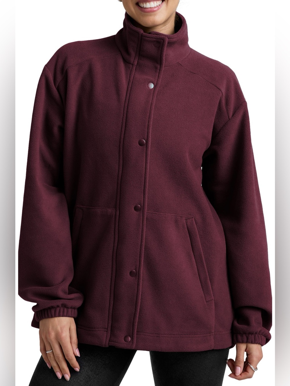 Beyond Yoga Explorer Fleece Jacket Dark Cherry Snap Front Oversized Small NWOT